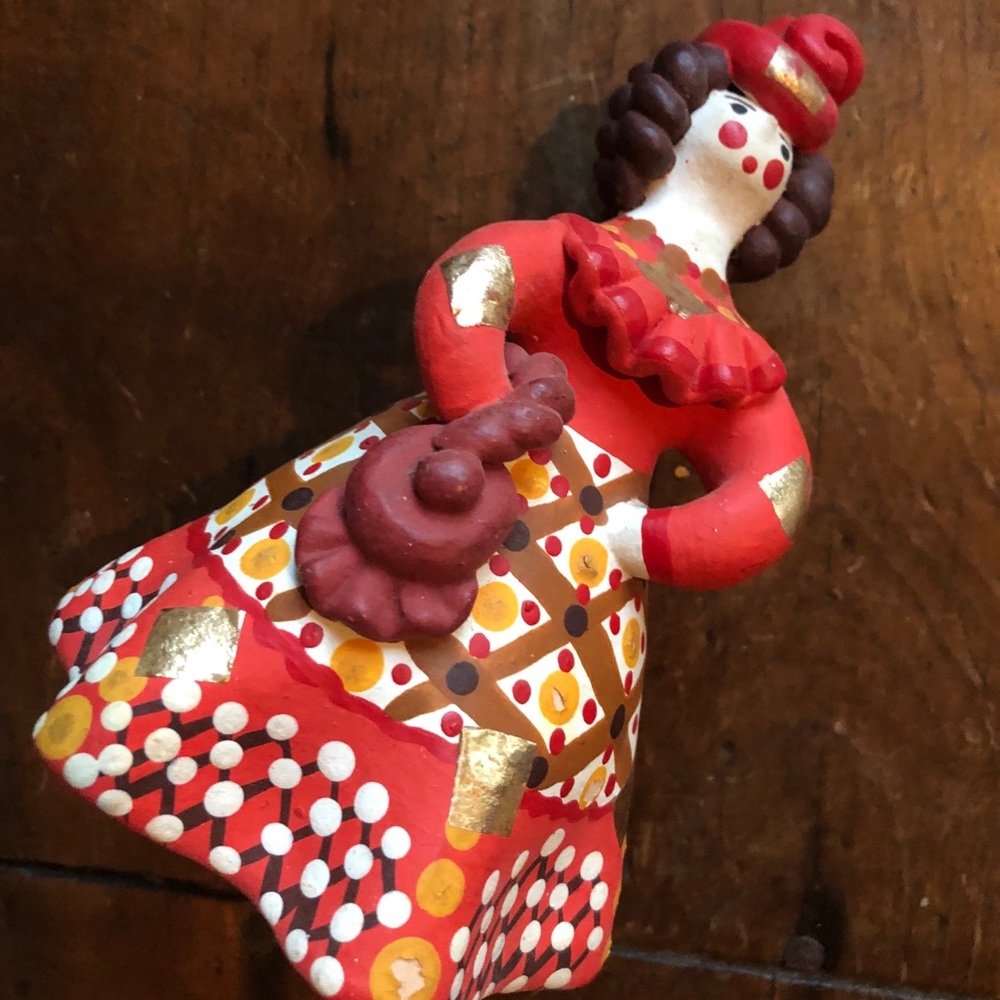Ceramic Figurine Brunette Lady in a Red Gold Dress